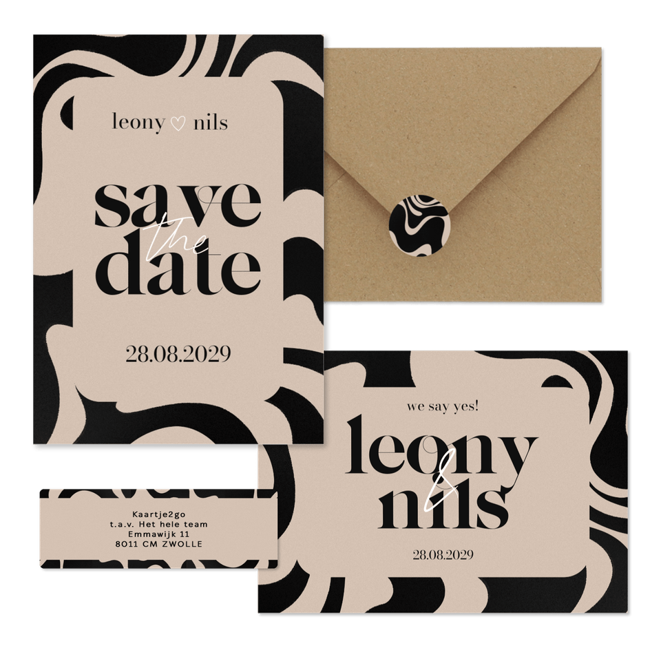 Hochzeitskartenset mit abstrakten Wellenformen Schwarz & Beige