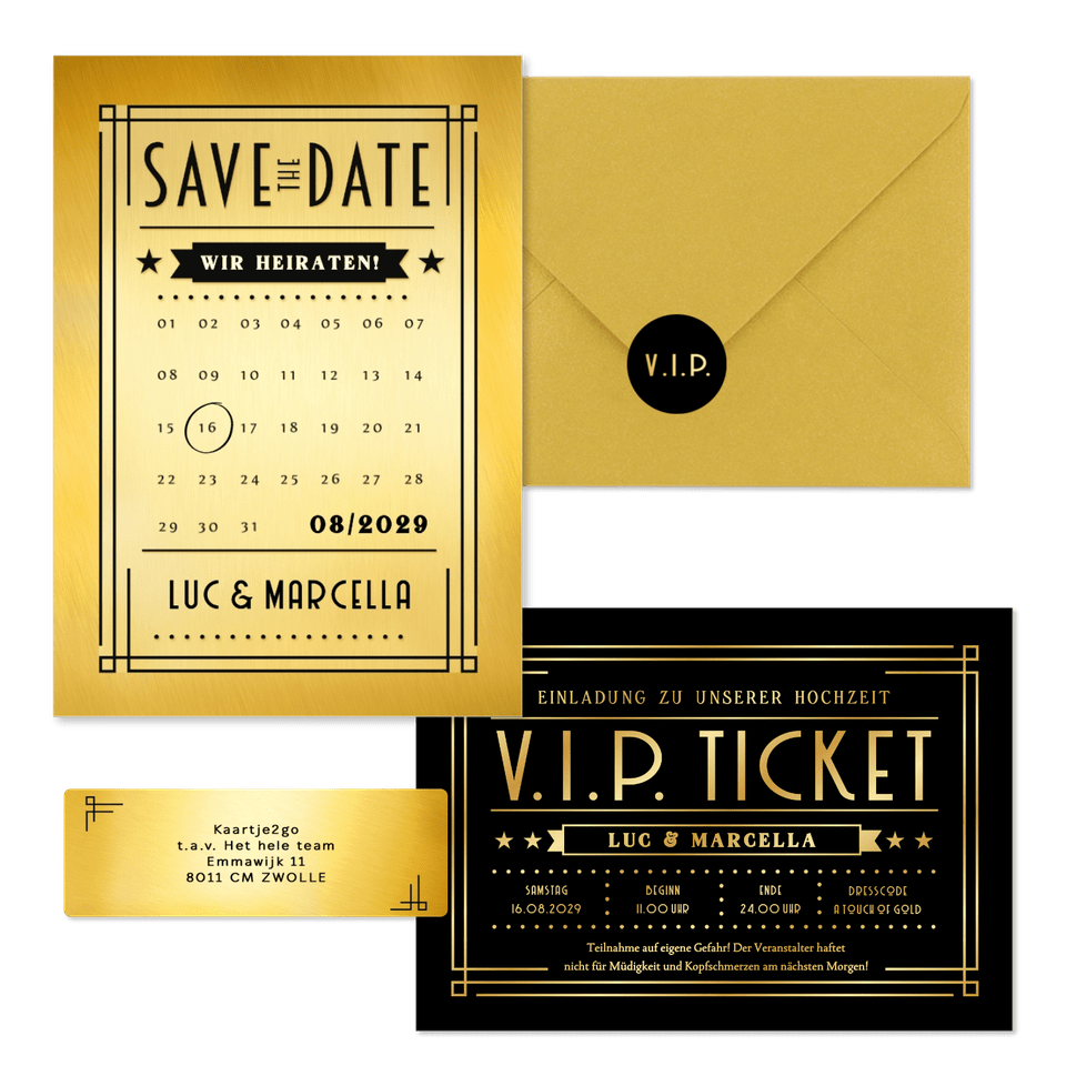 Hochzeitskartenset Artdeco Ticket in Gold & Schwarz