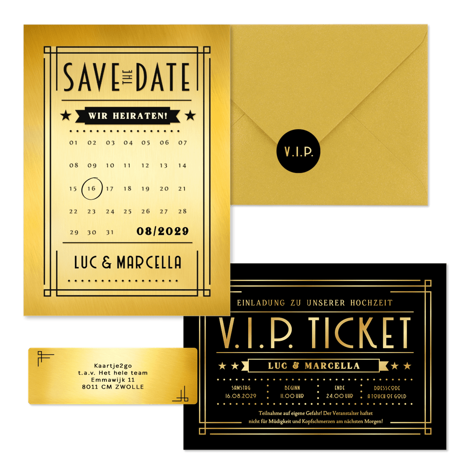Hochzeitskartenset Artdeco Ticket in Gold & Schwarz