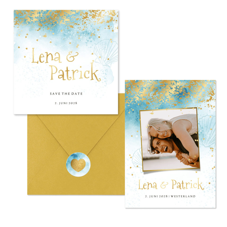 Hochzeitskartenset sommerlich Strandlook mit Gold