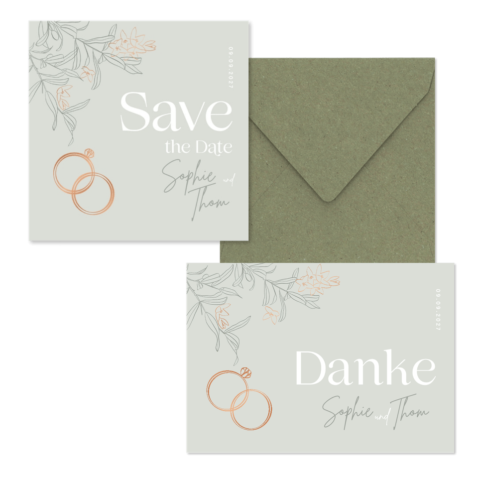 Hochzeitskartenset mit Ringen & Blumen pastellgrün
