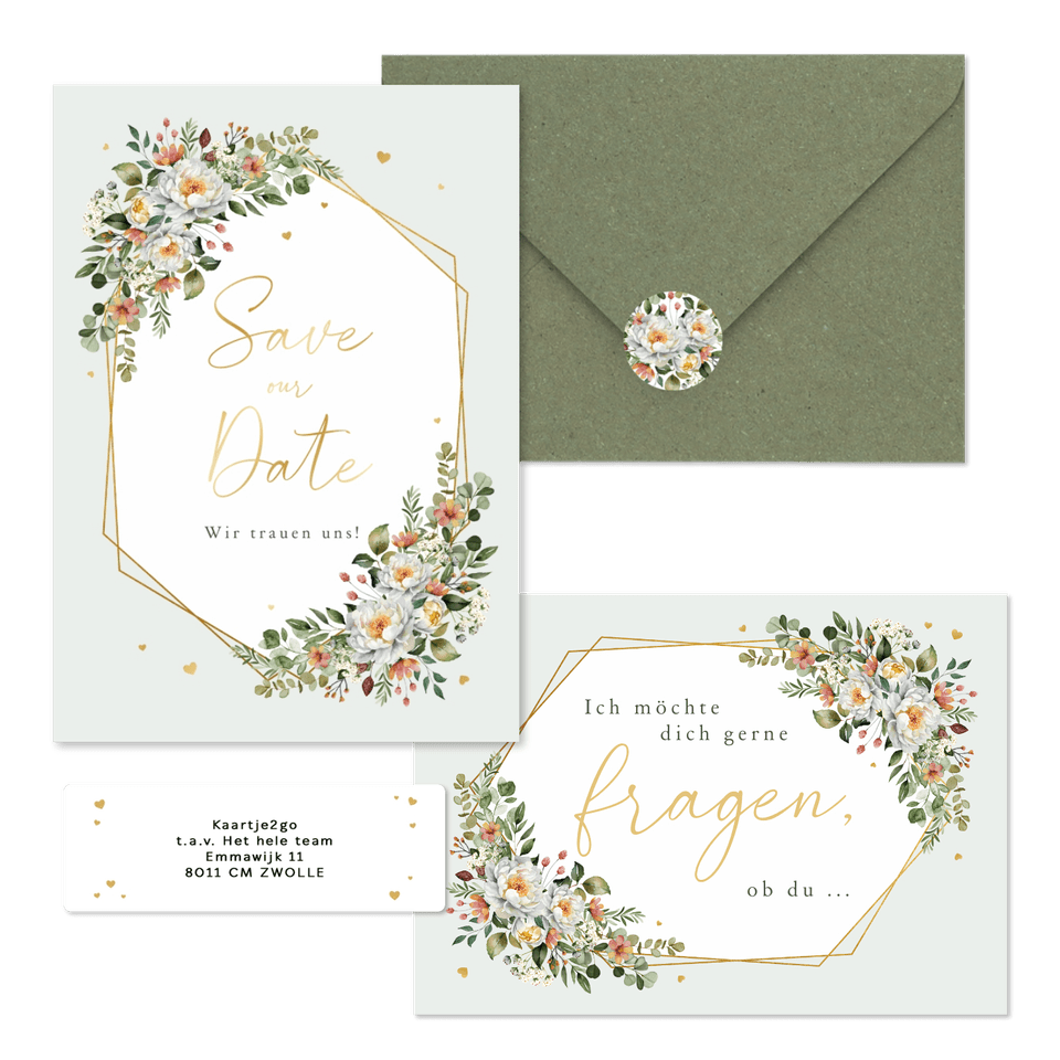 Hochzeitskartenset Pfingstrose Blumenbukett Mintgrün