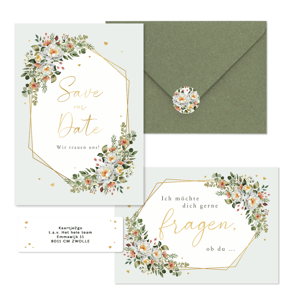 Hochzeitskartenset Pfingstrose Blumenbukett Mintgrün