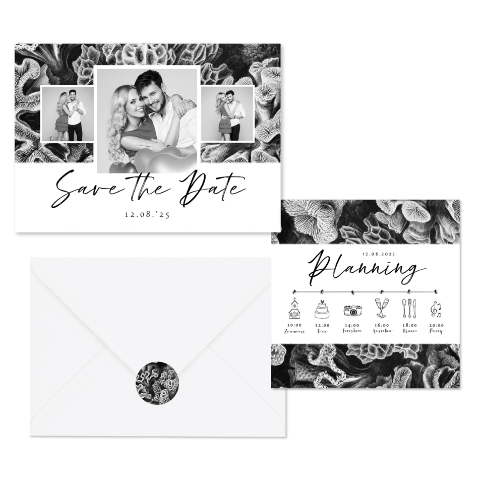 Hochzeitskartenset Korallen in Schwar-Weiß