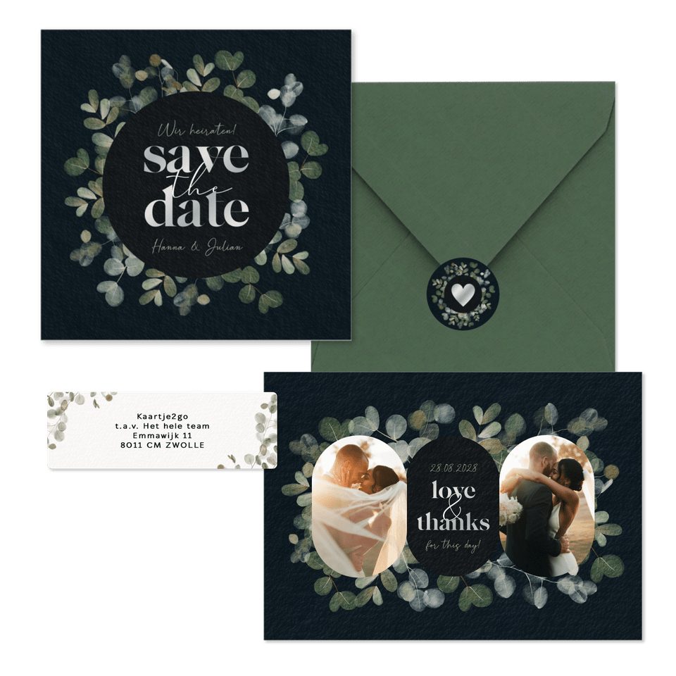 Hochzeitskartenset mit Eukalyptus auf Schwarz
