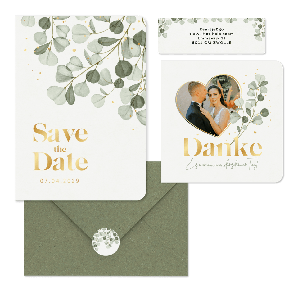Hochzeitskartenset mit Eukalyptuszweigen & Goldschrift