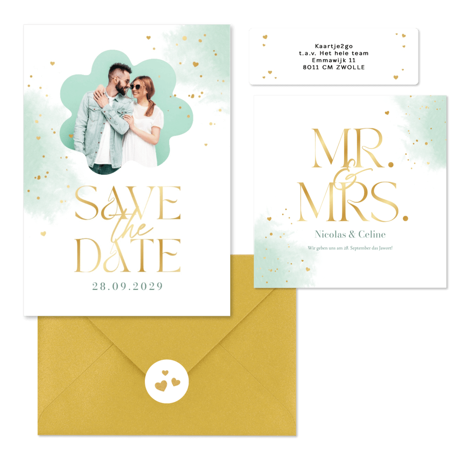 Hochzeitskartenset Wasserfarbe in Mintgrün & Gold