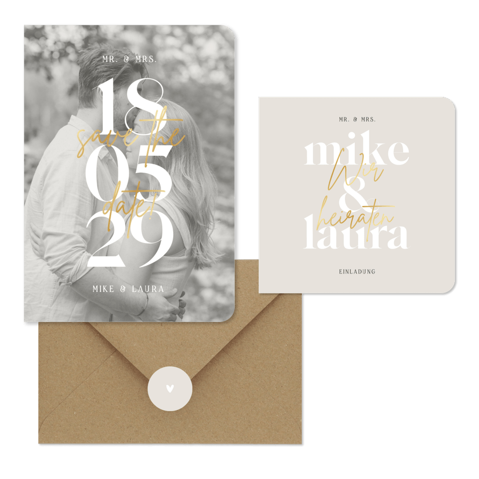 Hochzeitskarten minimalistisch mit Goldschrift
