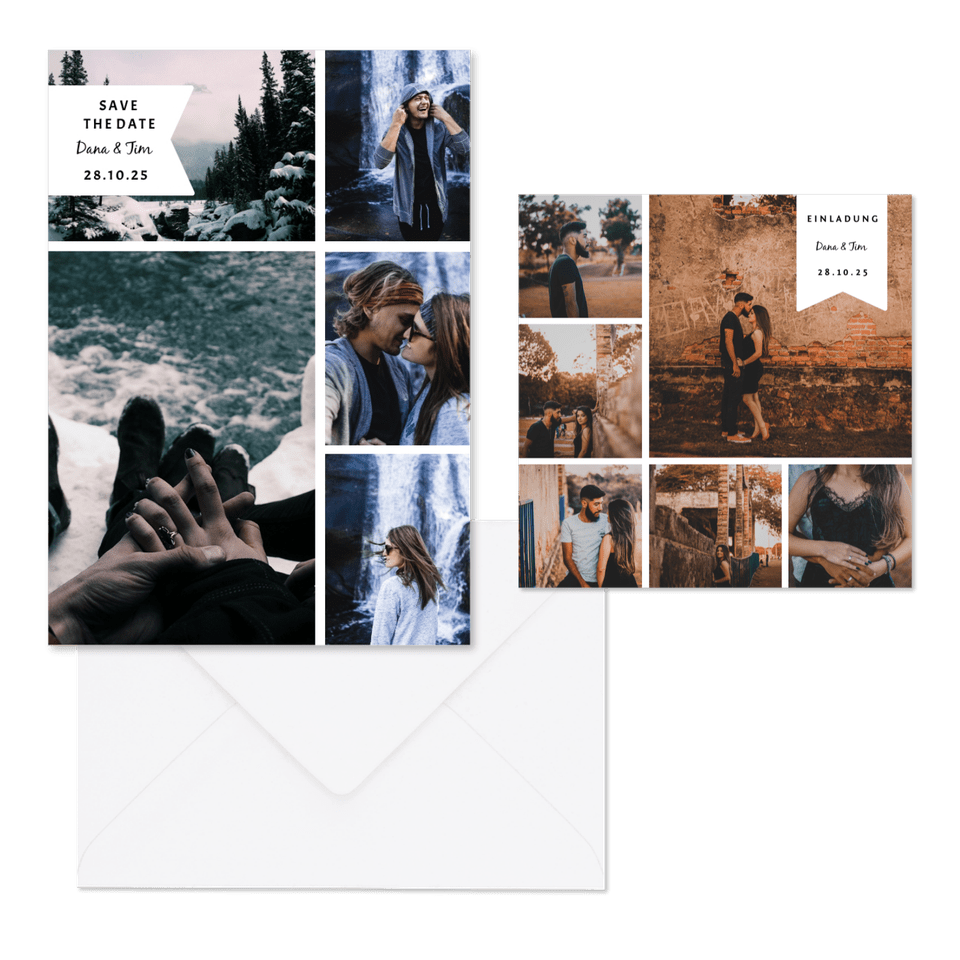 Hochzeitskartenset Fotocollage mit Label