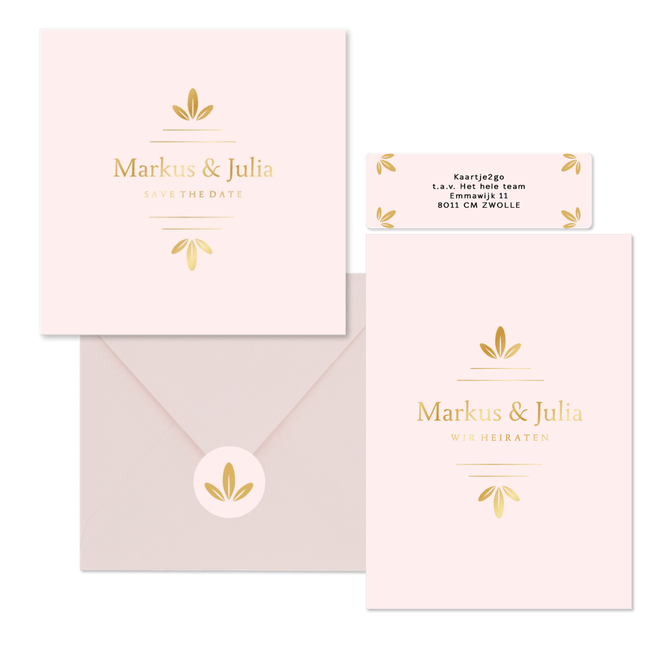 Hochzeitskartenset schlichtes Rosa mit Goldornamente