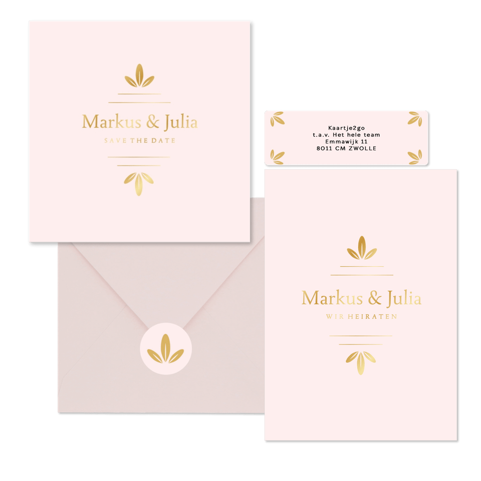 Hochzeitskartenset schlichtes Rosa mit Goldornamente