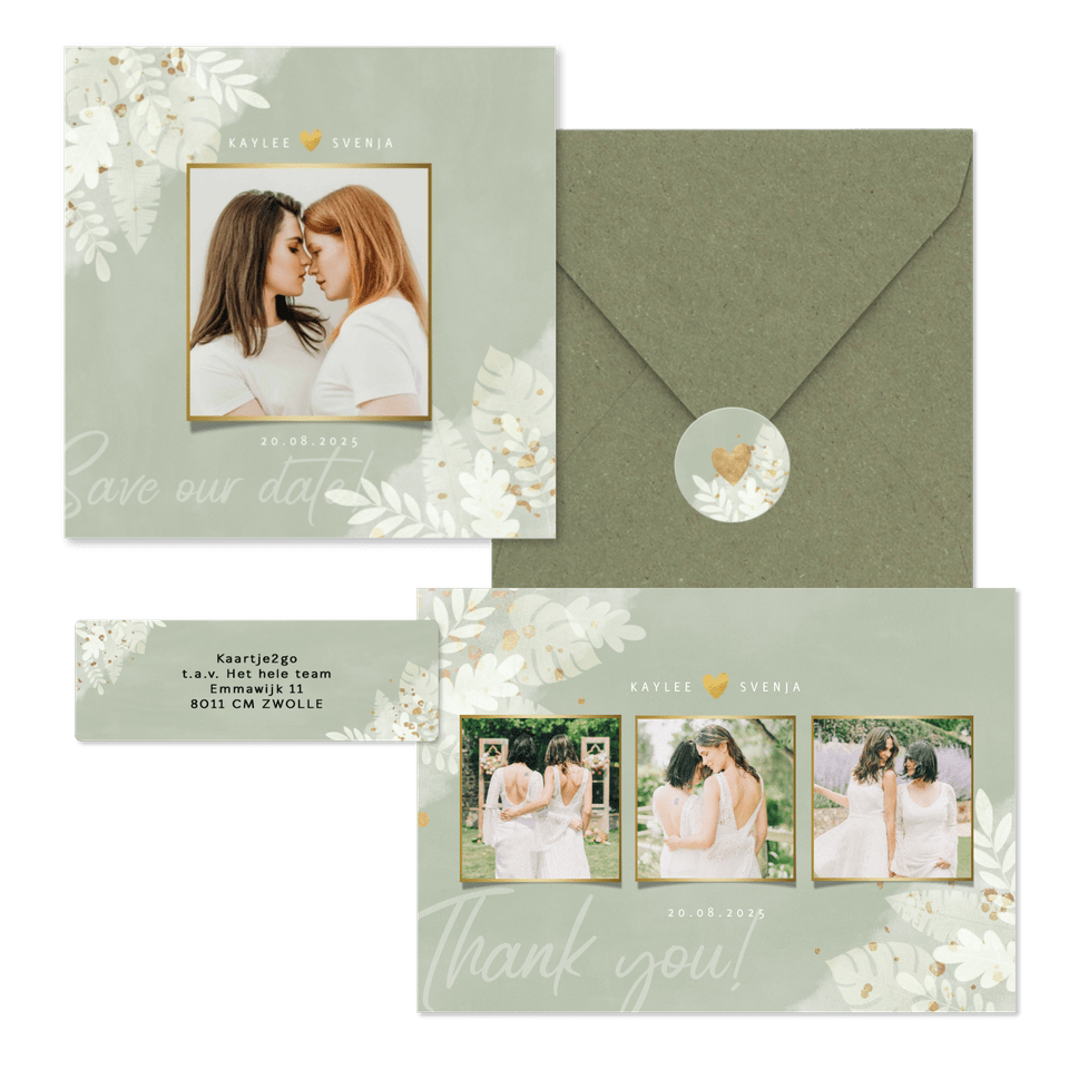 Hochzeitskartenset weiße Zweige auf grünem Aquarell