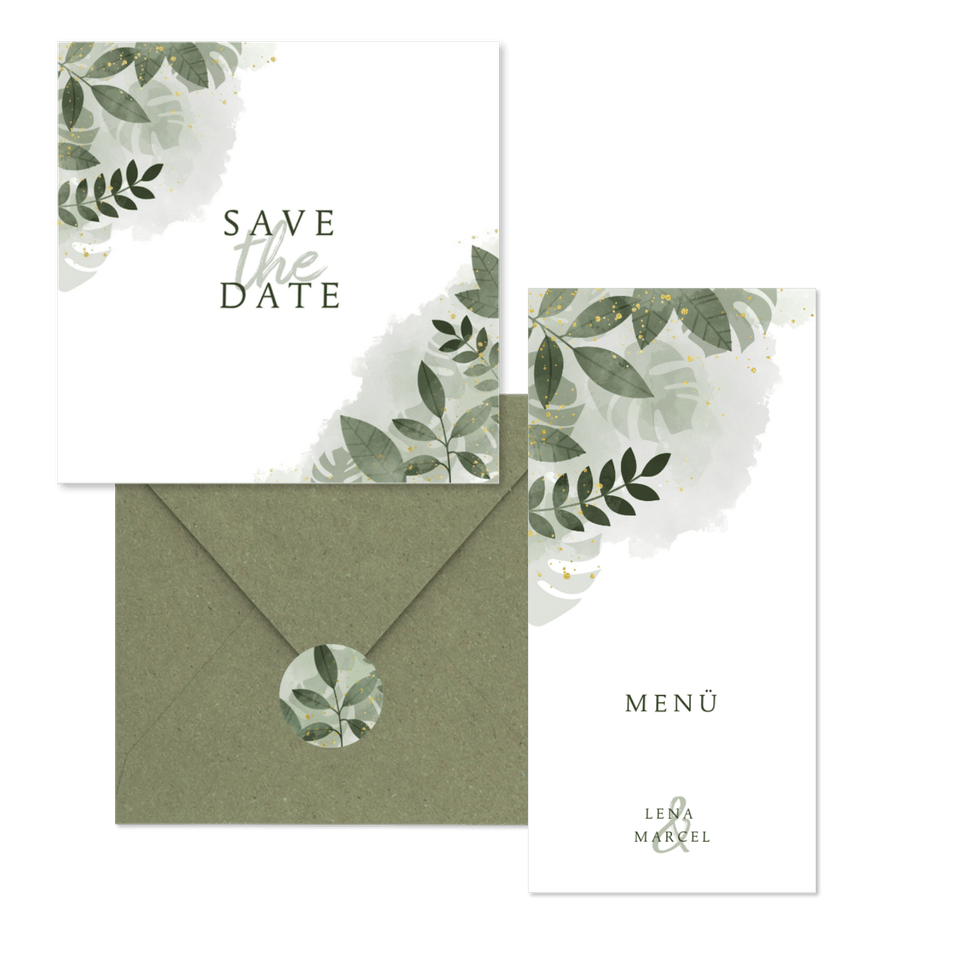 Hochzeitskartenset grüne Zweige in Wasserfarbe