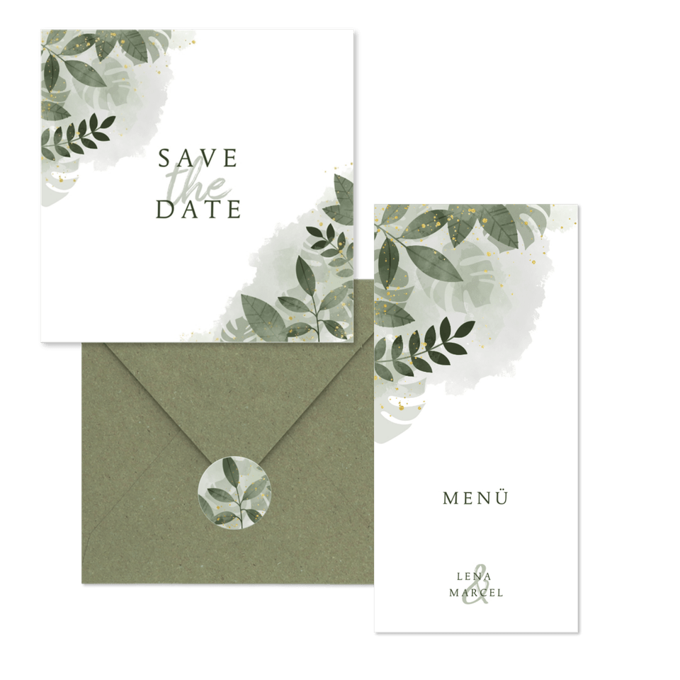 Hochzeitskartenset grüne Zweige in Wasserfarbe
