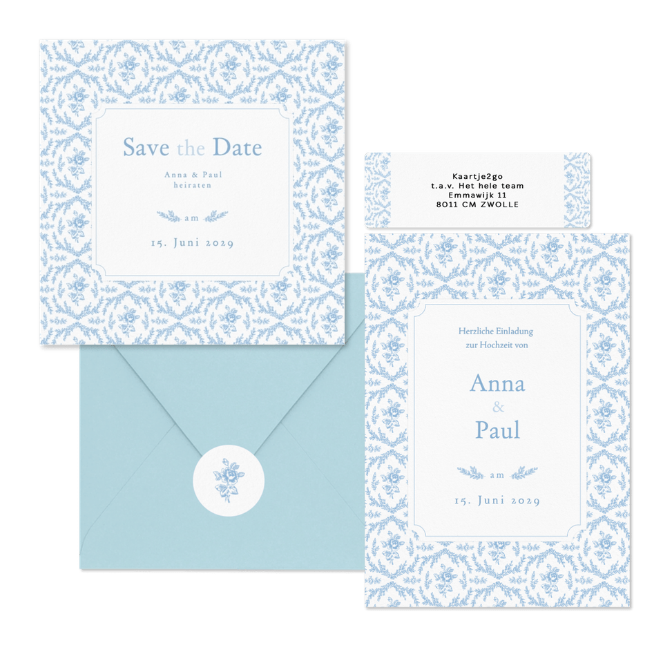 Hochzeitskartenset Hellblau englische Rosen klassisch