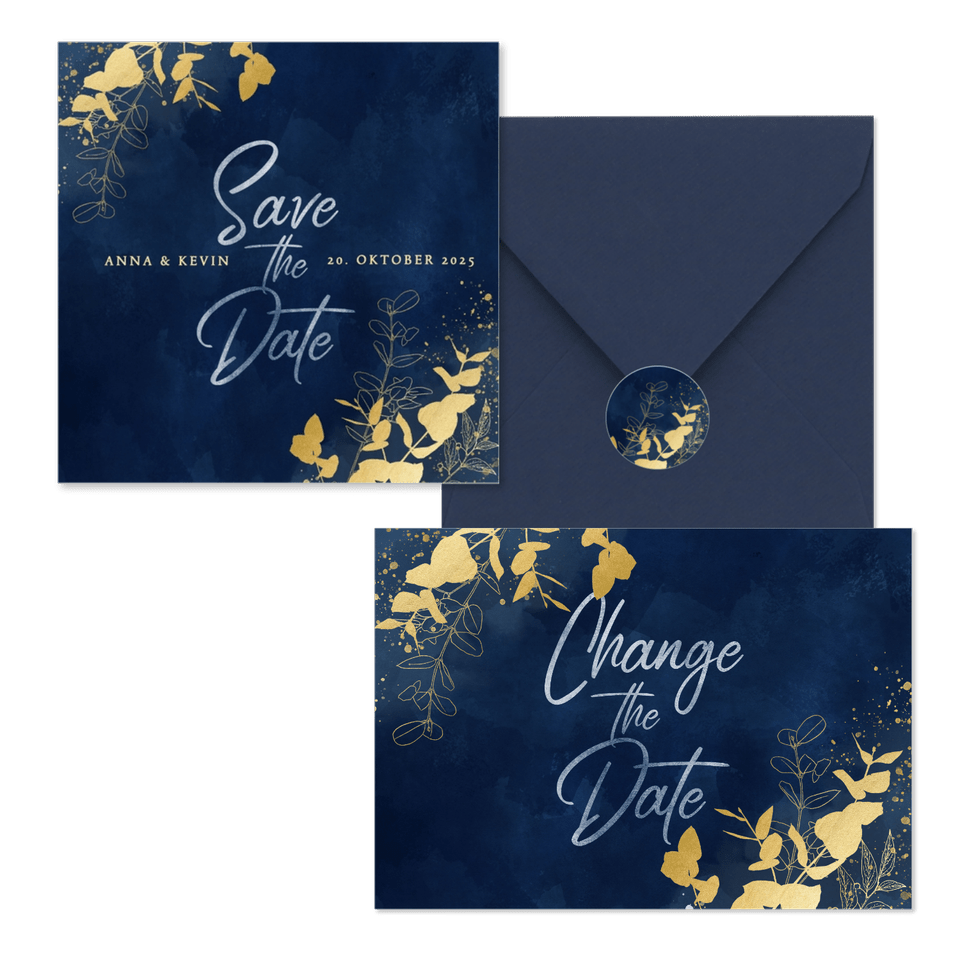 Hochzeitskartenset goldener Eukalyptus auf Dunkelblau