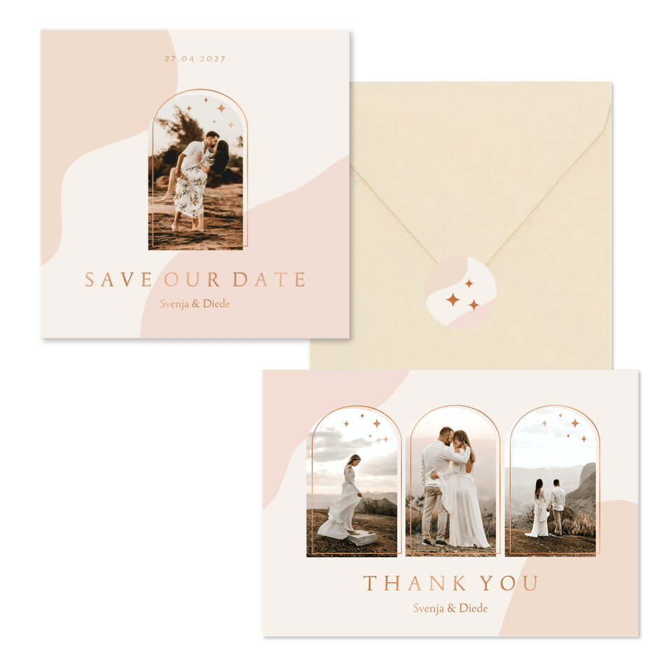 Hochzeitskartenset Bogenfenster auf Rosa mit Kupferelementen