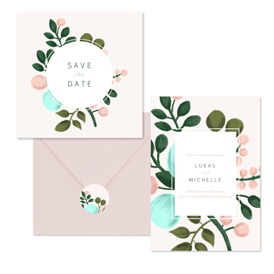 Hochzeitskartenset botanisches Design in Pastelltönen