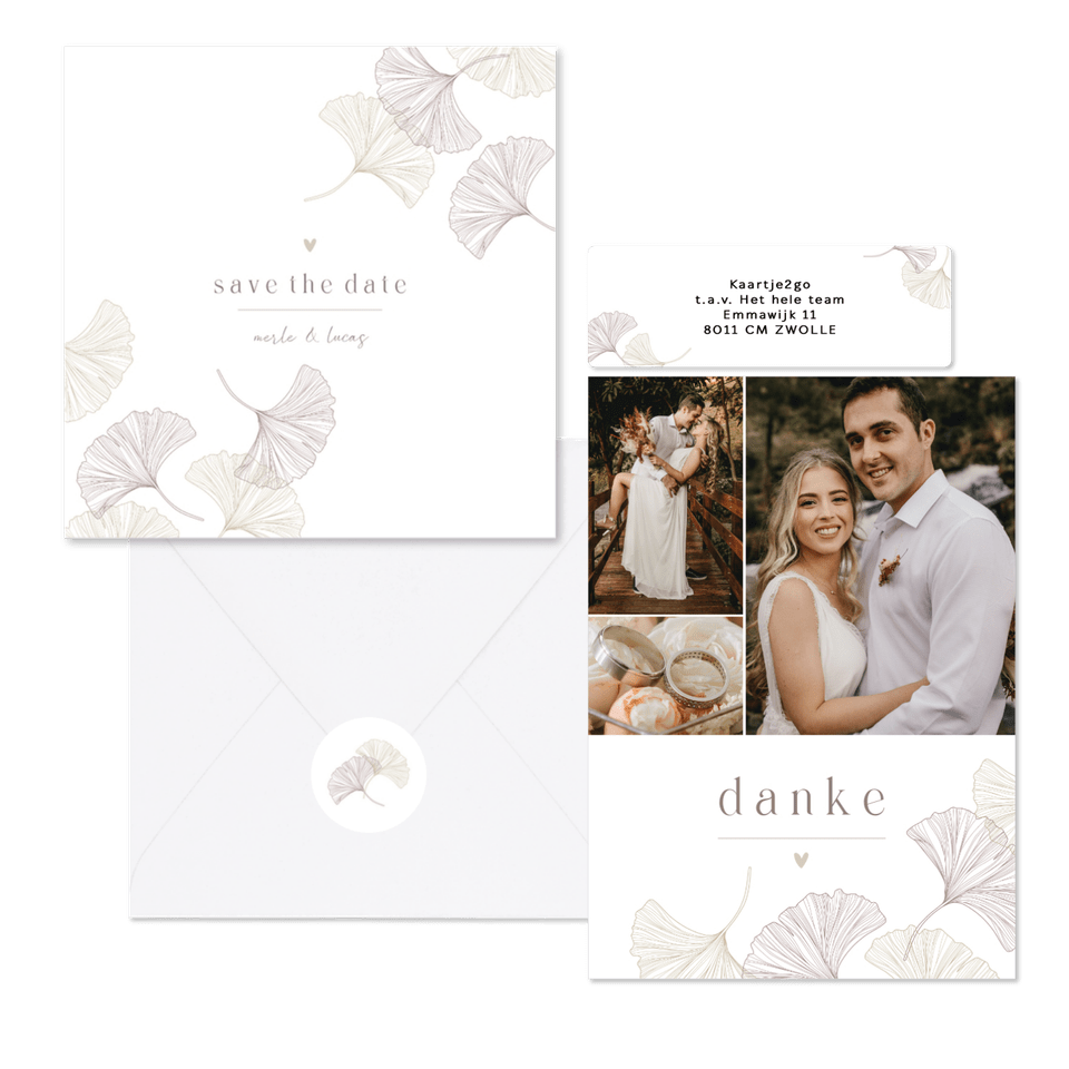 Schlichtes Hochzeitskartenset mit feinen Ginkgoblättern