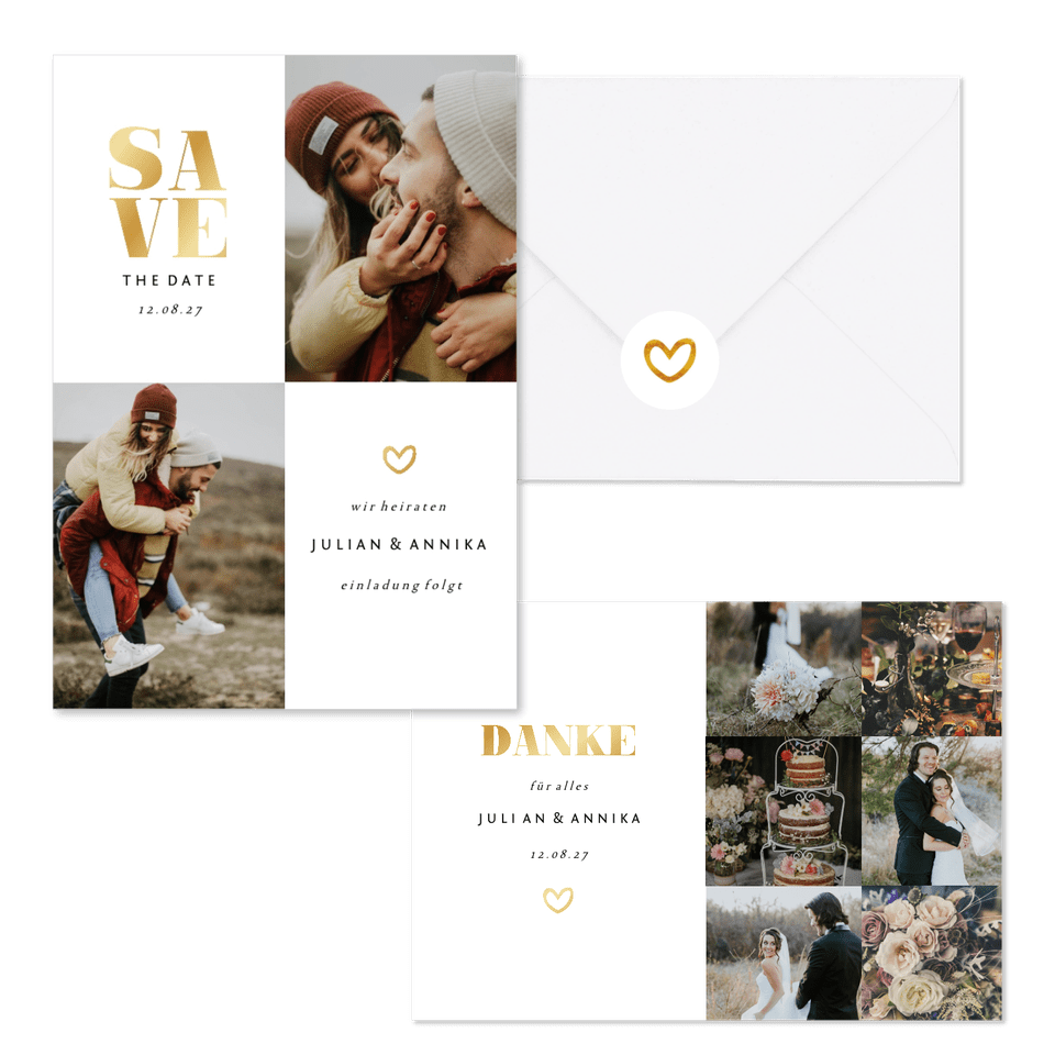 Hochzeitskarten simpel Goldlook mit Fotos