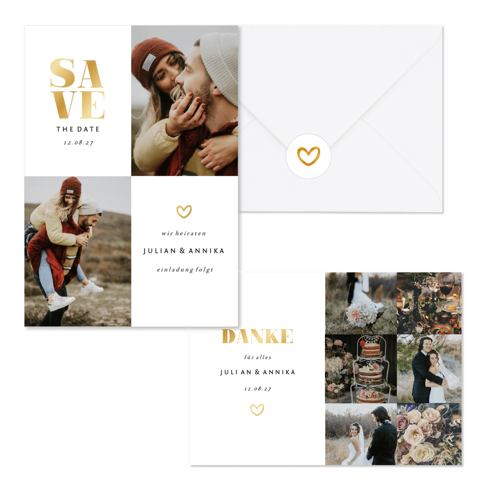 Hochzeitskarten simpel Goldlook mit Fotos