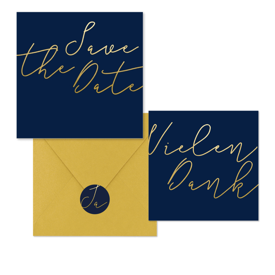 Hochzeitskartenset einfache Goldschrift auf Dunkelblau