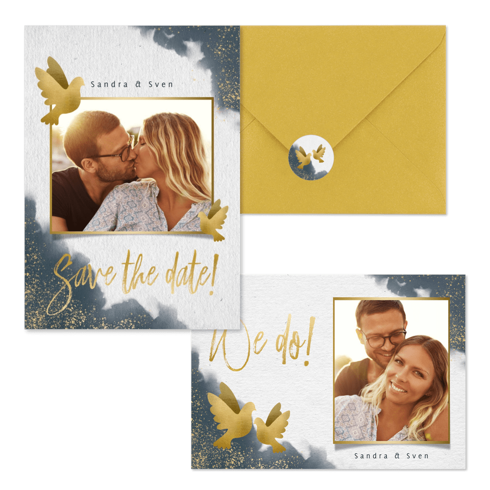 Hochzeitskartenset goldene Tauben auf Aquarell