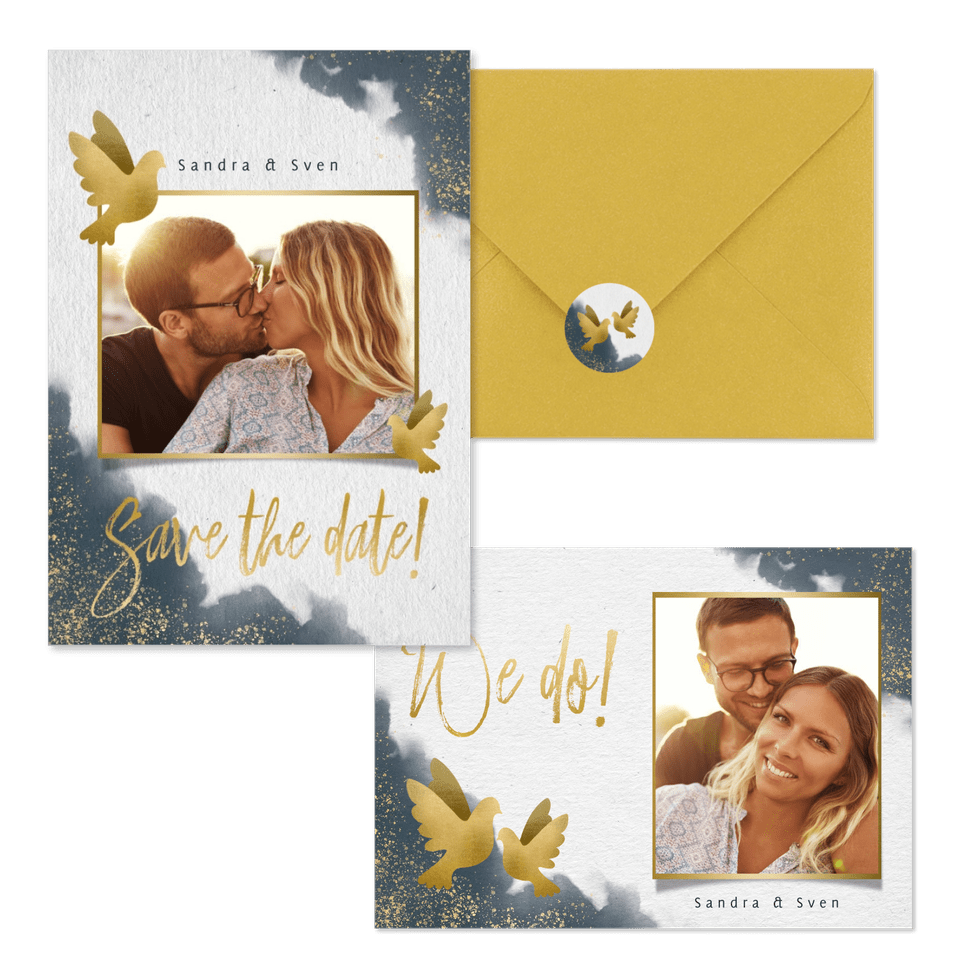 Hochzeitskartenset goldene Tauben auf Aquarell