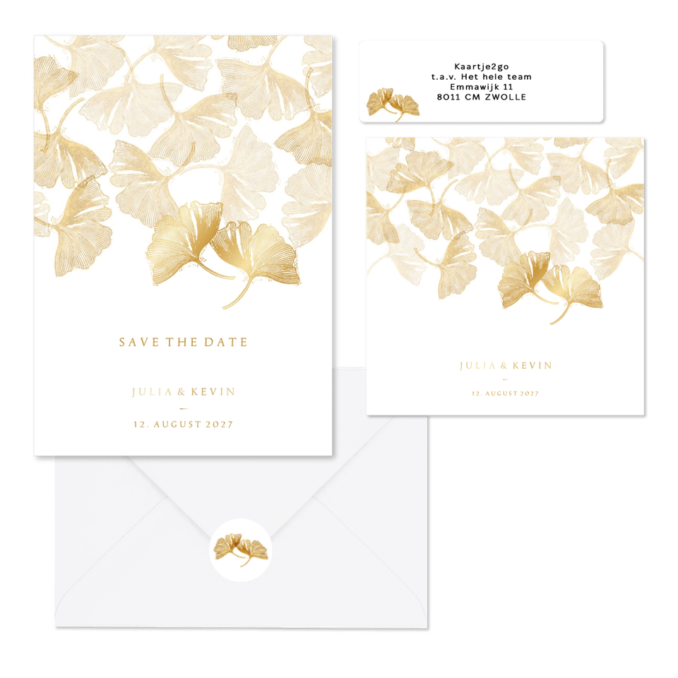 Hochzeitskartenset goldener Gingko Stempel