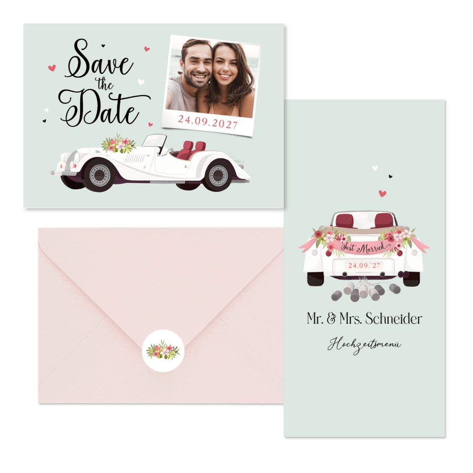 Hochzeitskartenset Oldtimer Auto mintgrün