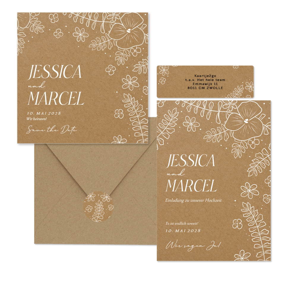 Hochzeitskartenset weiße Blumen auf Kraftpapier