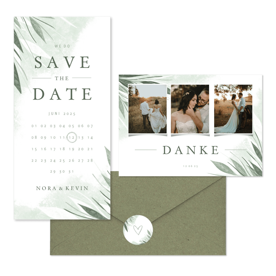 Hochzeitskartenset Zierliche Blätter Mintgrün