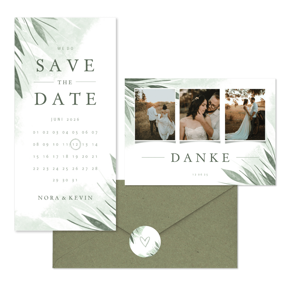 Hochzeitskartenset Zierliche Blätter Mintgrün