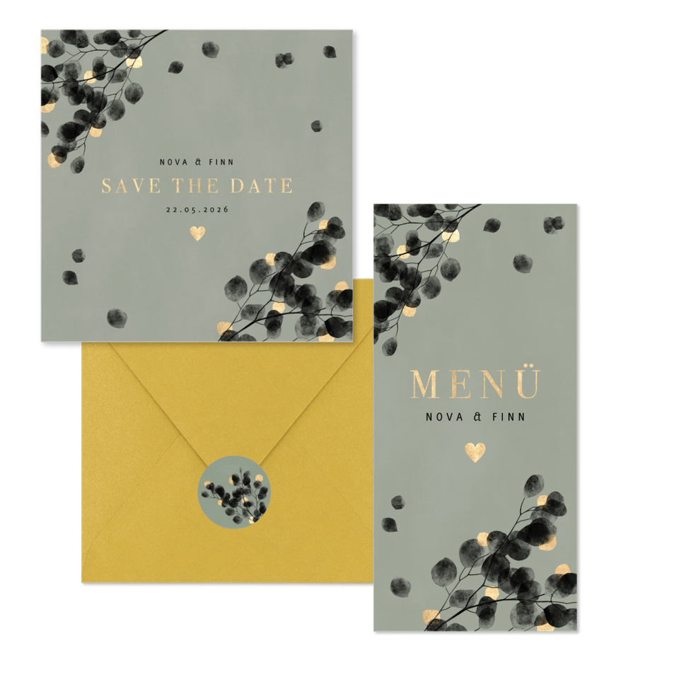 Hochzeitskartenset schwarzer Eukalyptus mit Gold