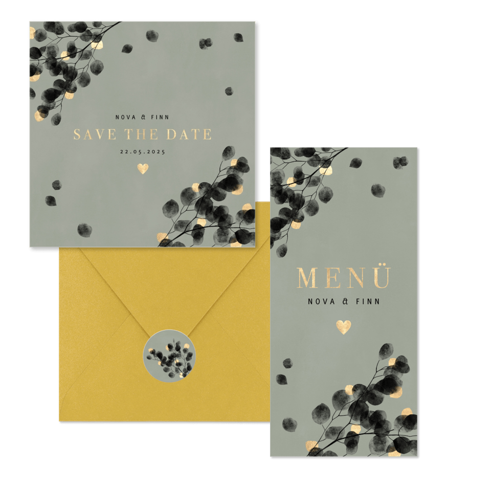 Hochzeitskartenset schwarzer Eukalyptus mit Gold