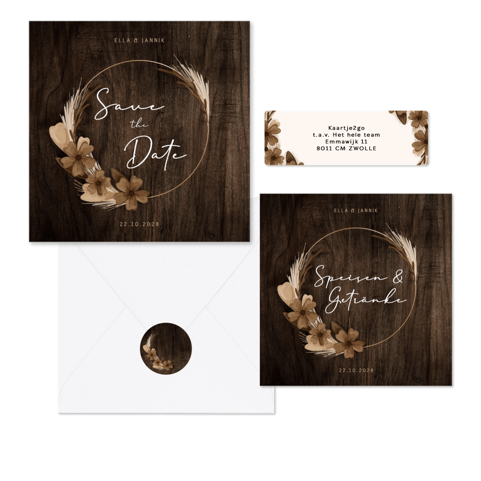 Hochzeitskartenset Trockenblumenkranz auf Holz