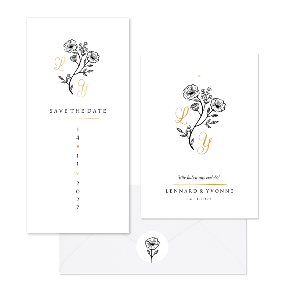 Hochzeitskartenset Blumenillustration schwarz-weiß