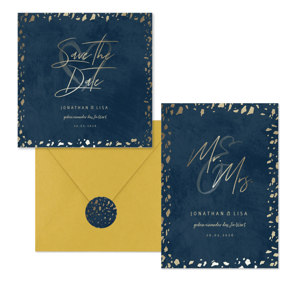 Hochzeitskartenset Dunkelblau mit Goldschnipseln