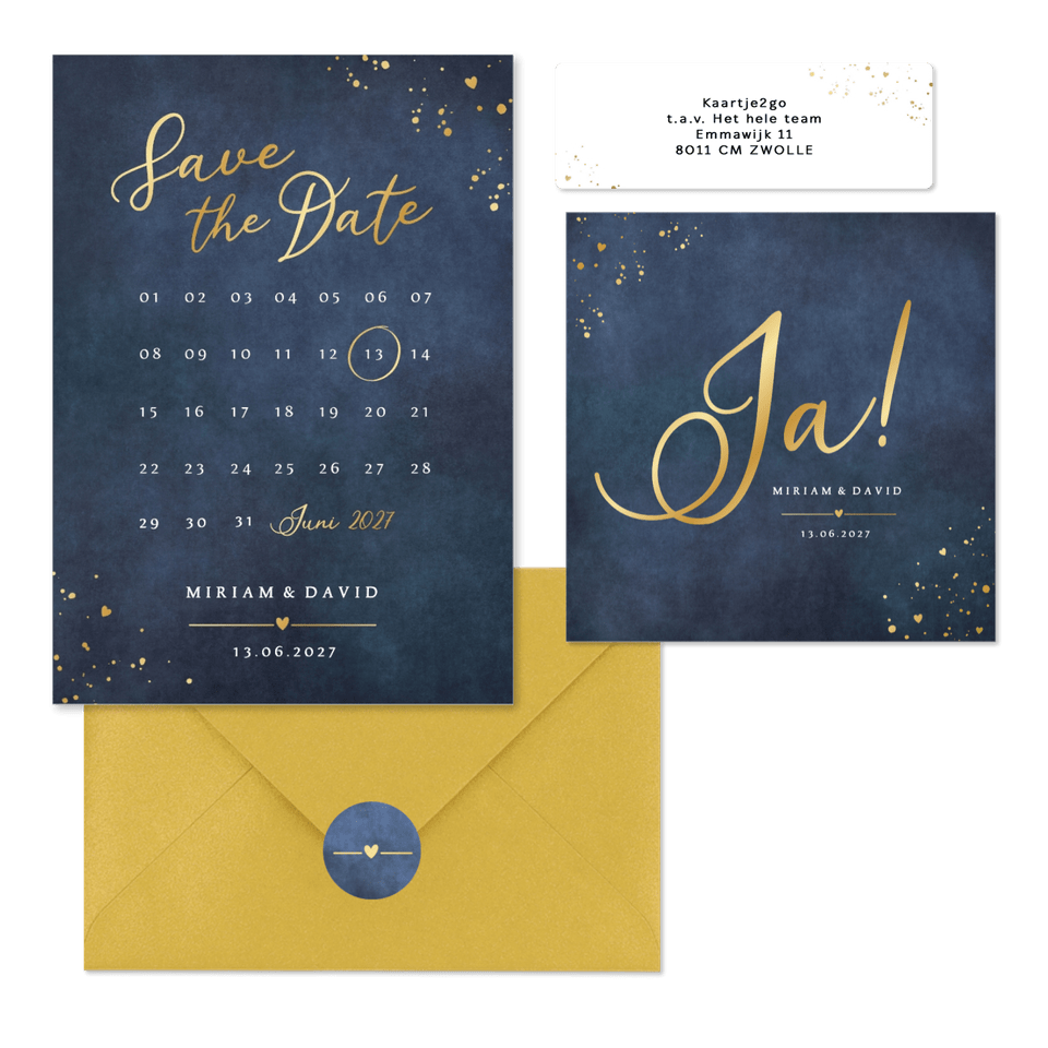 Hochzeitskartenset schlicht Gold auf Dunkelblau