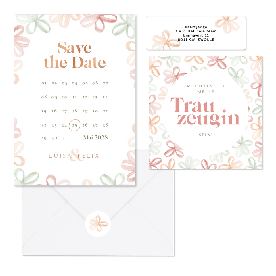 Hochzeitskartenset stilisierte Frühlingsblumen in Aquarell