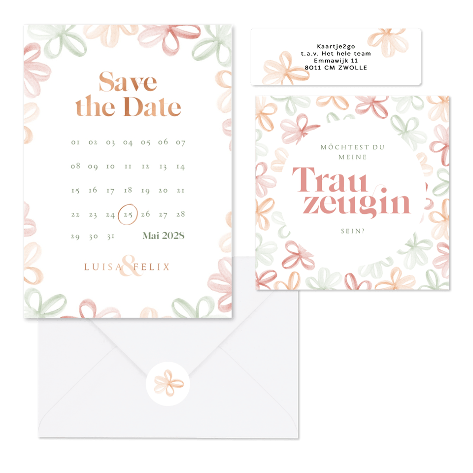 Hochzeitskartenset stilisierte Frühlingsblumen in Aquarell