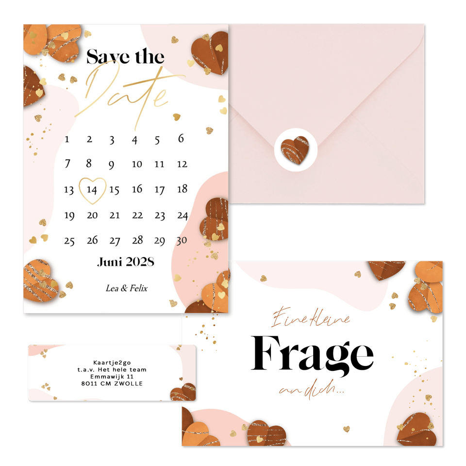 Hochzeitskartenset Papierherzen und Goldelemente