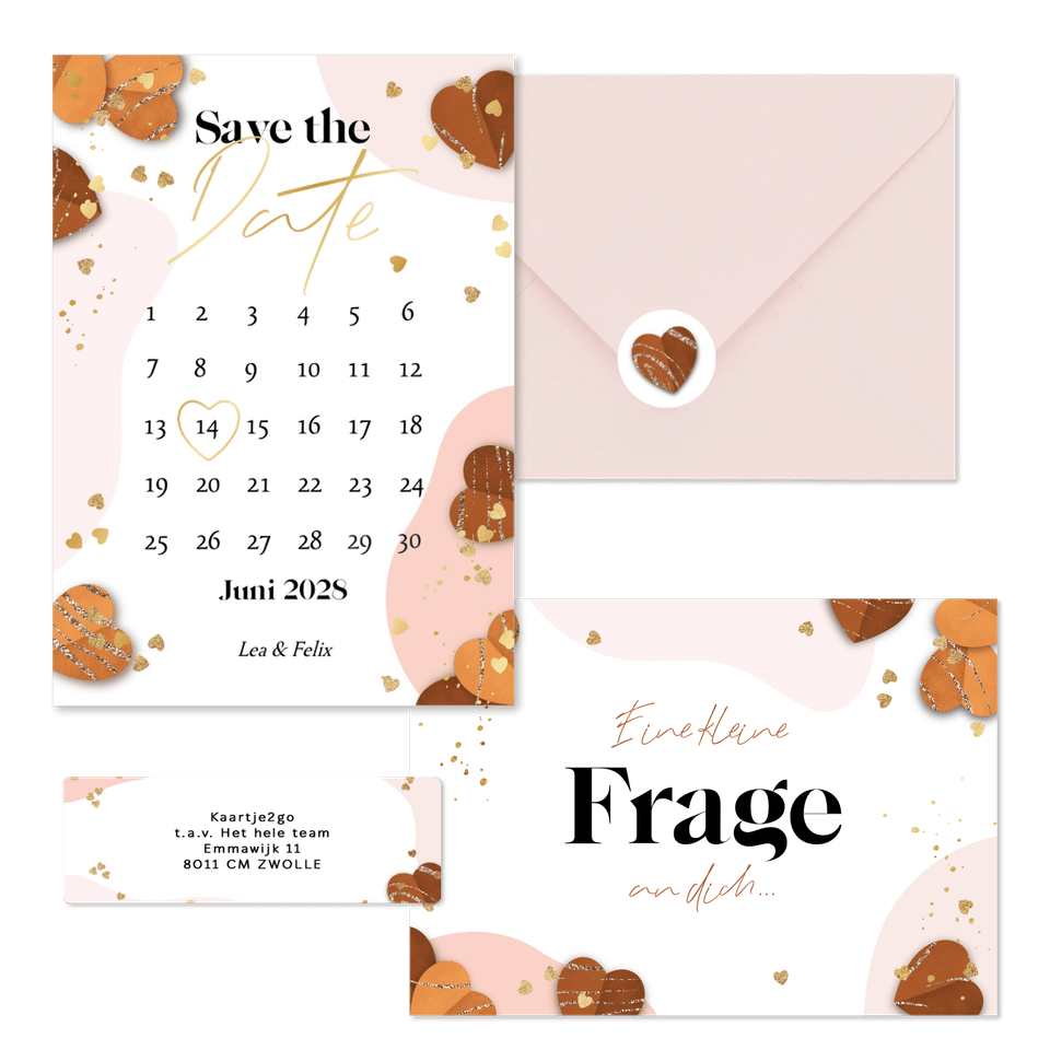 Hochzeitskartenset Papierherzen und Goldelemente