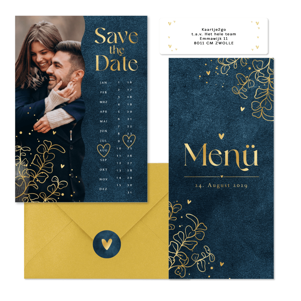 Hochzeitskartenset in Dunkelblau mit goldenen Ranken