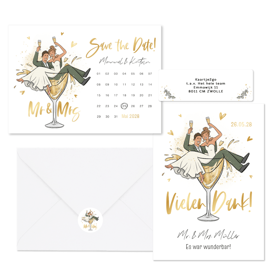 Hochzeitskartenset mit Brautpaar in Sektglas