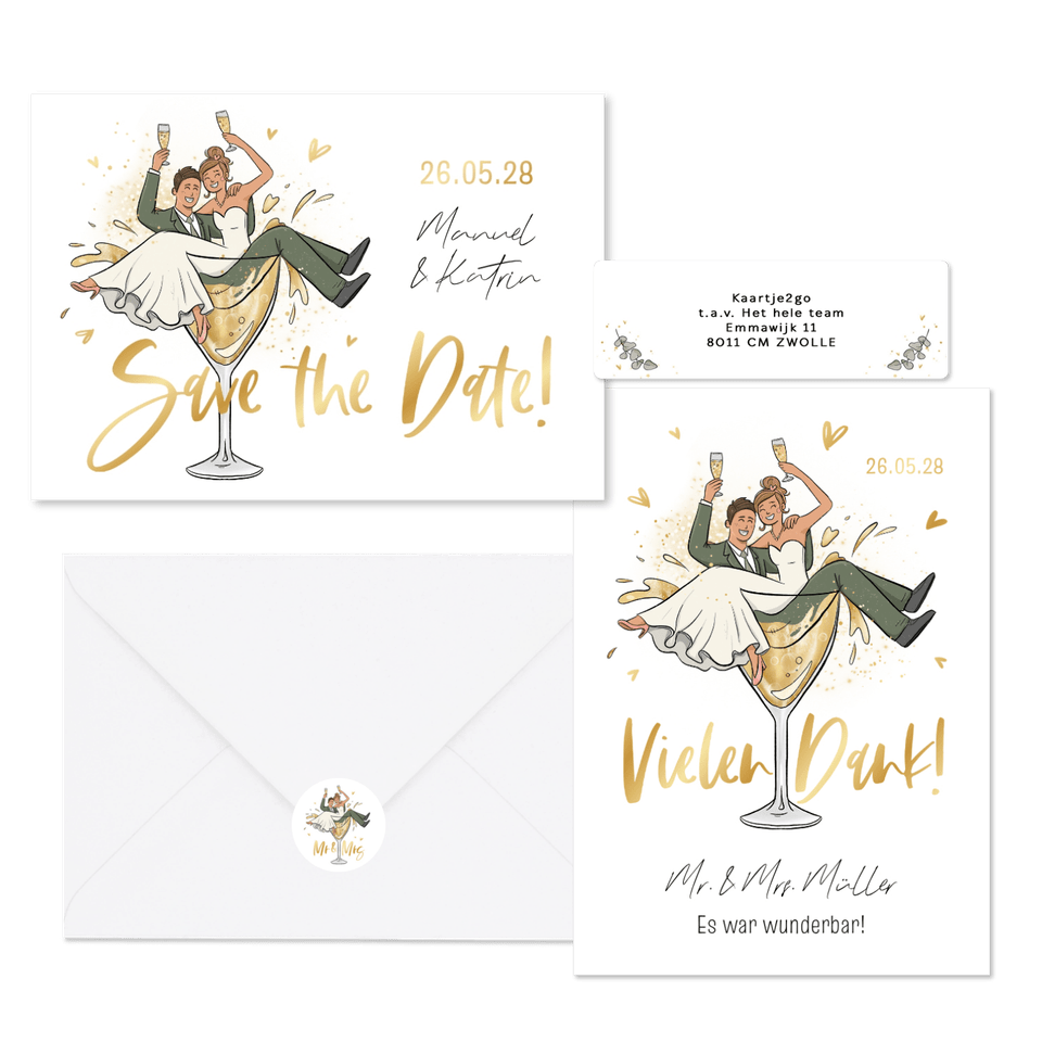 Hochzeitskartenset mit Brautpaar in Sektglas