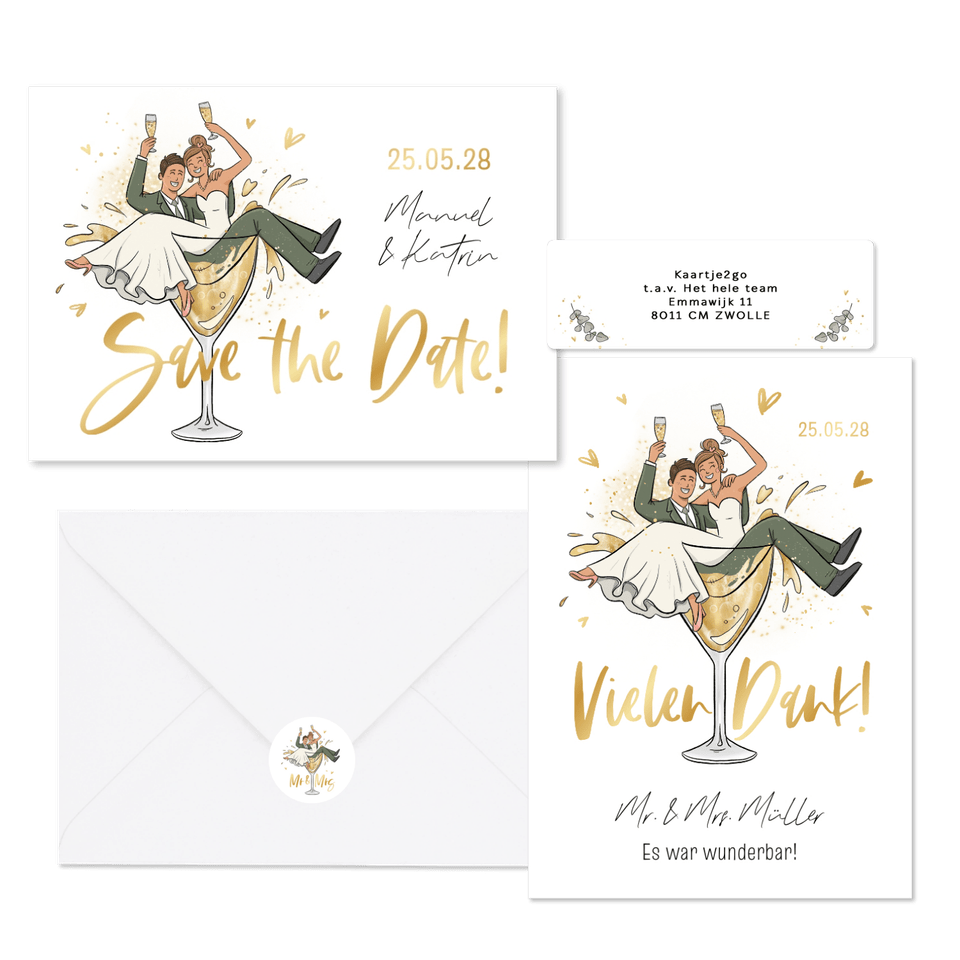 Hochzeitskartenset mit Brautpaar in Sektglas