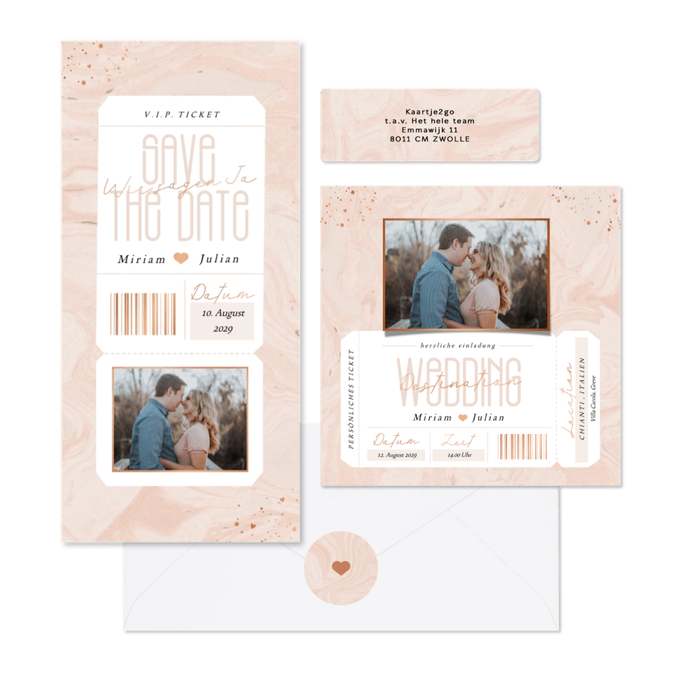 Hochzeitskartenset in rosa Marmoroptik als Ticket 