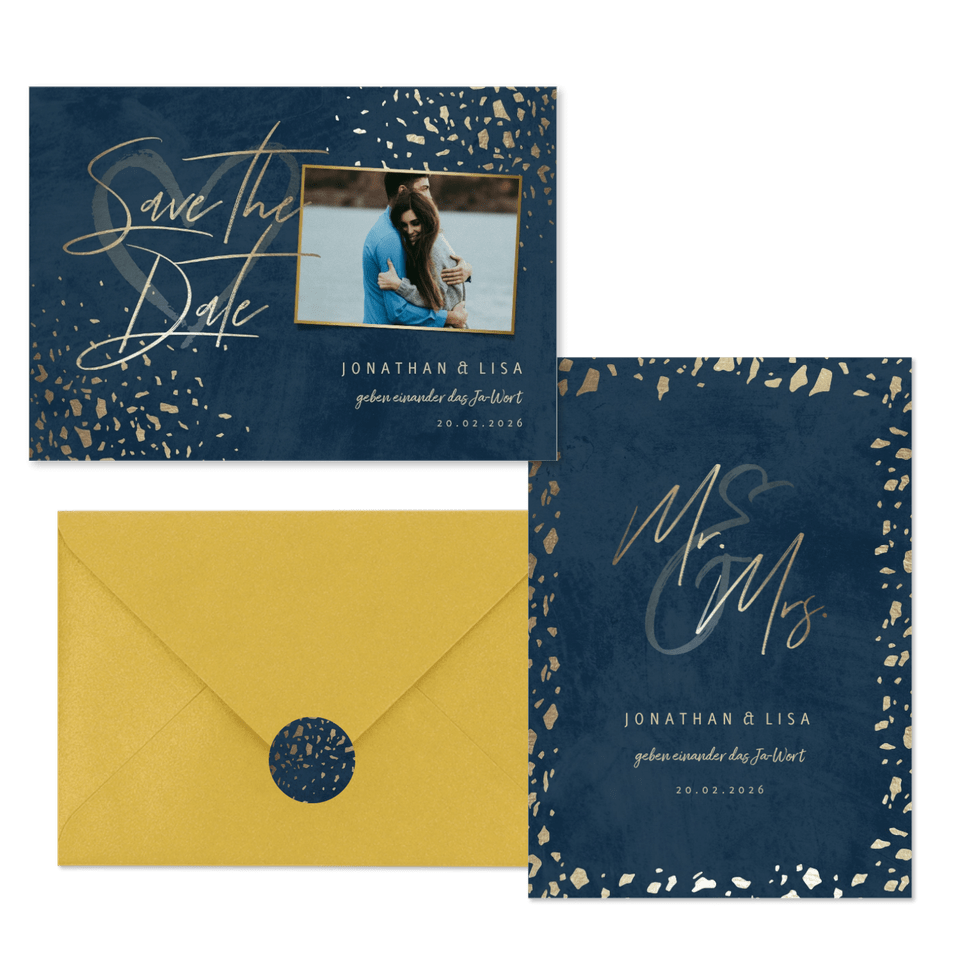 Hochzeitskartenset Dunkelblau mit Goldschnipseln