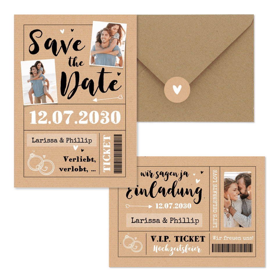 Hochzeitskarten als Ticket-Set in Kraftpapier